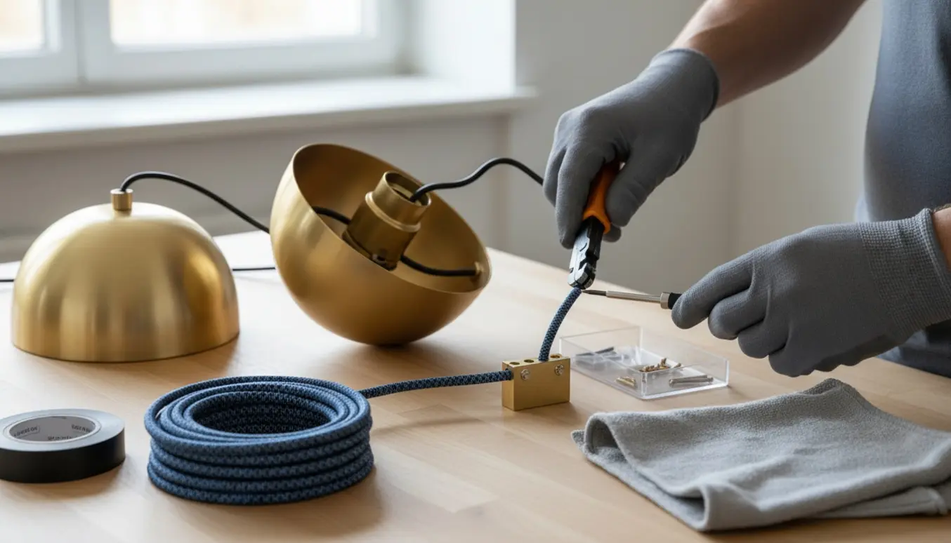 Nærbillede af udskiftning af ledning på en Gubi Multi-Lite pendel på et rydeligt arbejdsbord.