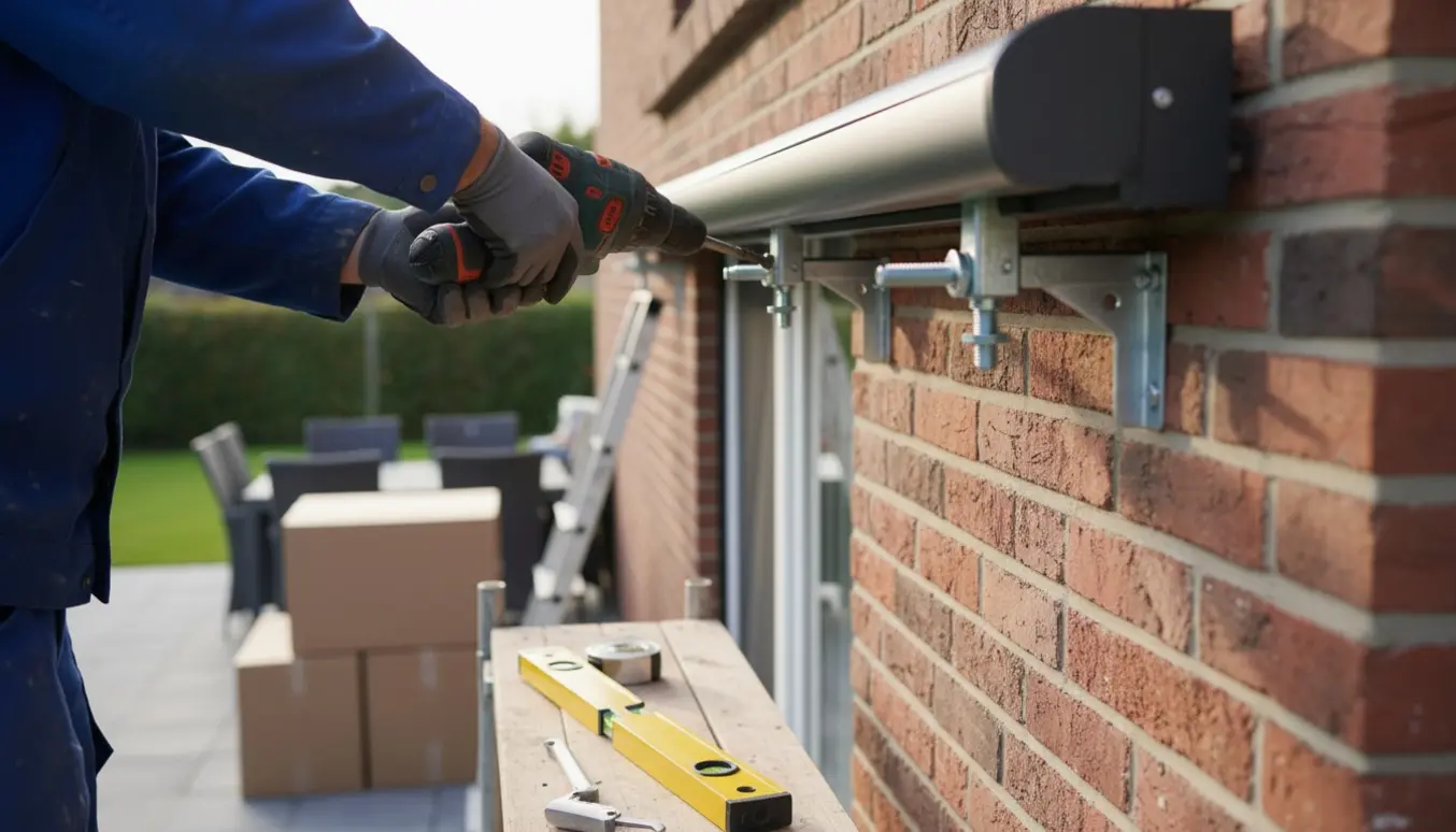 Montør fastgør en ny aluminiums-kassette-markise til en murstensvæg, kun hænder og værktøj i fokus.
