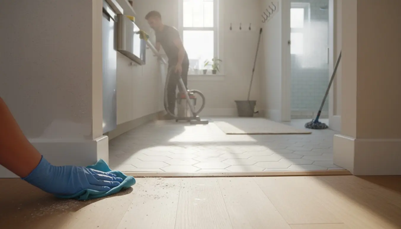 Handskerede hænder tørrer støv af en fodliste i en solbelyst køkken-gang-bad passage med rengøringsredskaber.