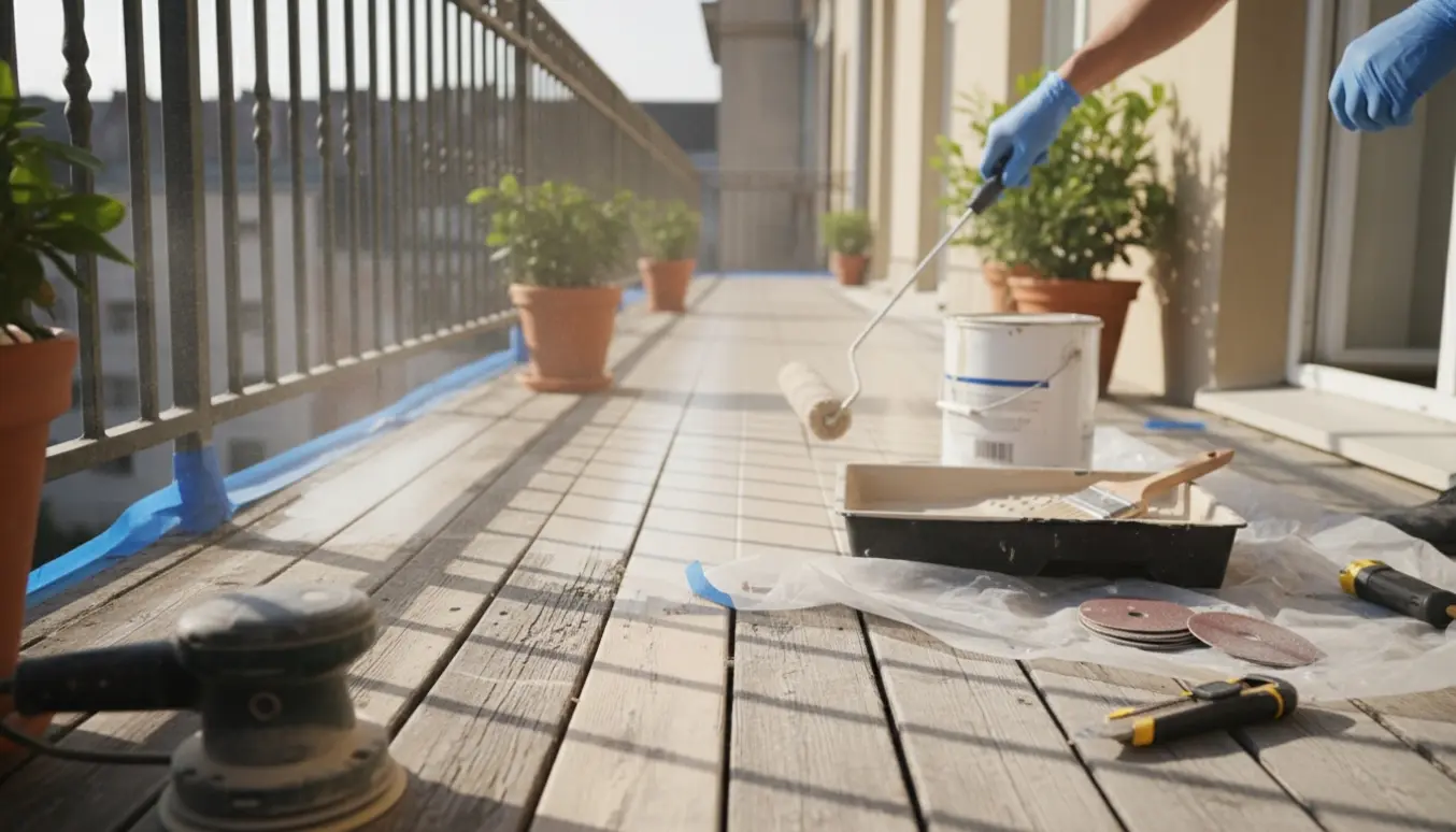 En træaltan, der bliver slebet og malet med slibemaskine, malerrulle og malerbøtte i forgrunden.