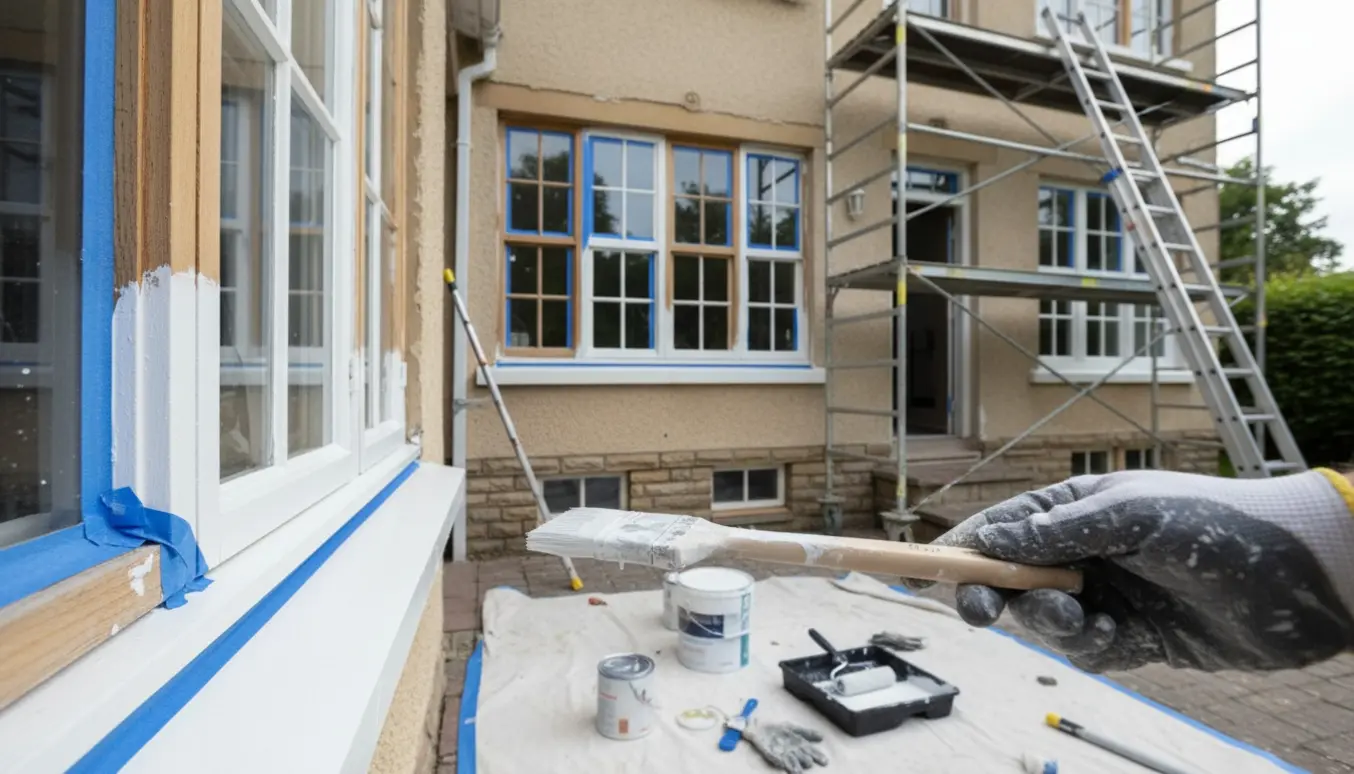 Udvendigt vindue bliver malet med hvid maling, med stillads, stiger og flere vinduer i baggrunden.
