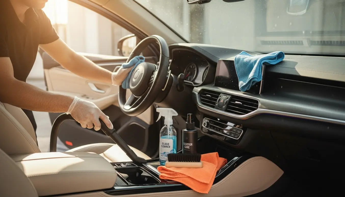 Hænder rengør bilens instrumentbræt og forrude med mikrofiberklud og støvsuger i blødt dagslys.