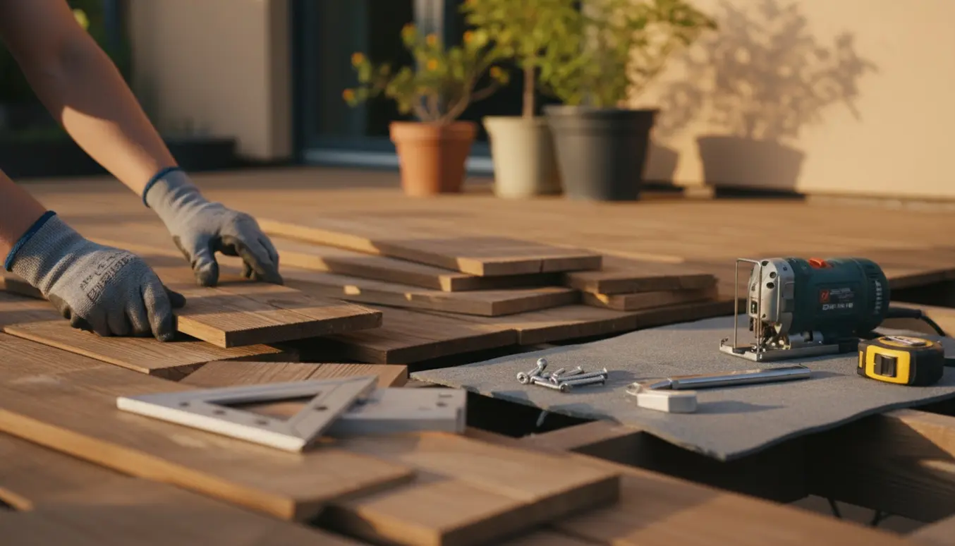 Hænder i arbejdshandsker monterer nye 10x2x100 cm træbrædder på en terrasse med værktøj og stak brædder i baggrunden.