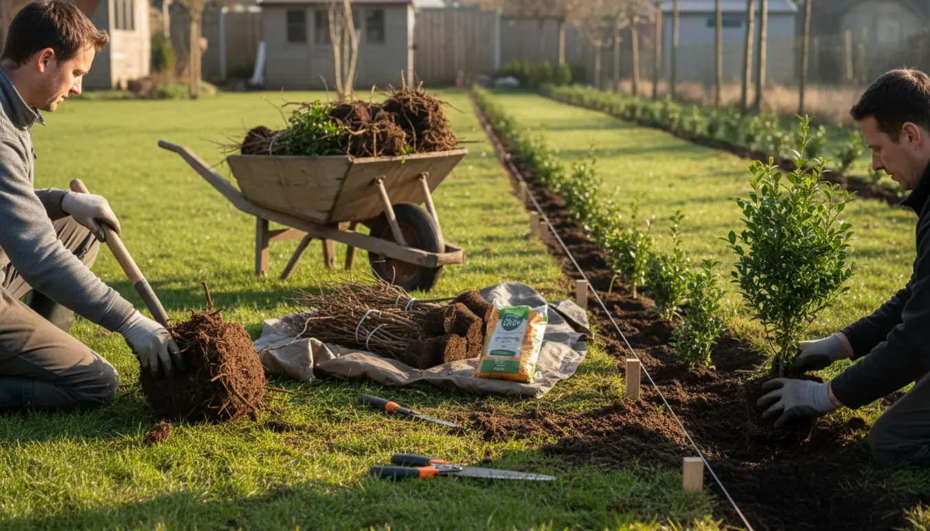 Udsnit af en have hvor gammel ligusterhæk fjernes og nye ligusterplanter plantes langs en lang bed.