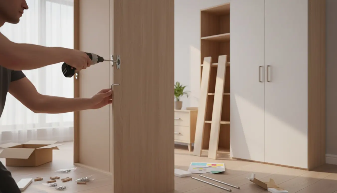 To høje garderobeskabe under samling i et lyst værelse med værktøj og emballage.