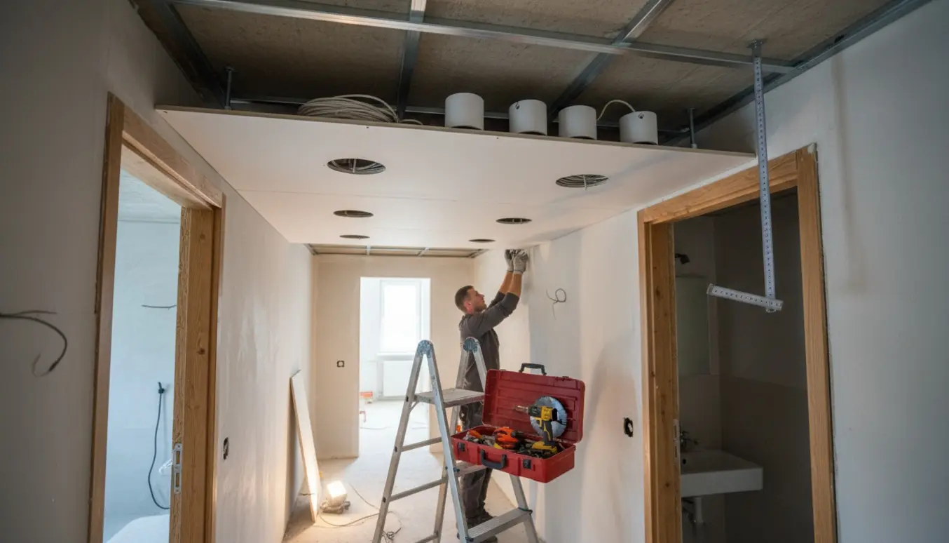 Installation af forskalling og indbyggede LED-spots i en gang med lav loftshøjde.