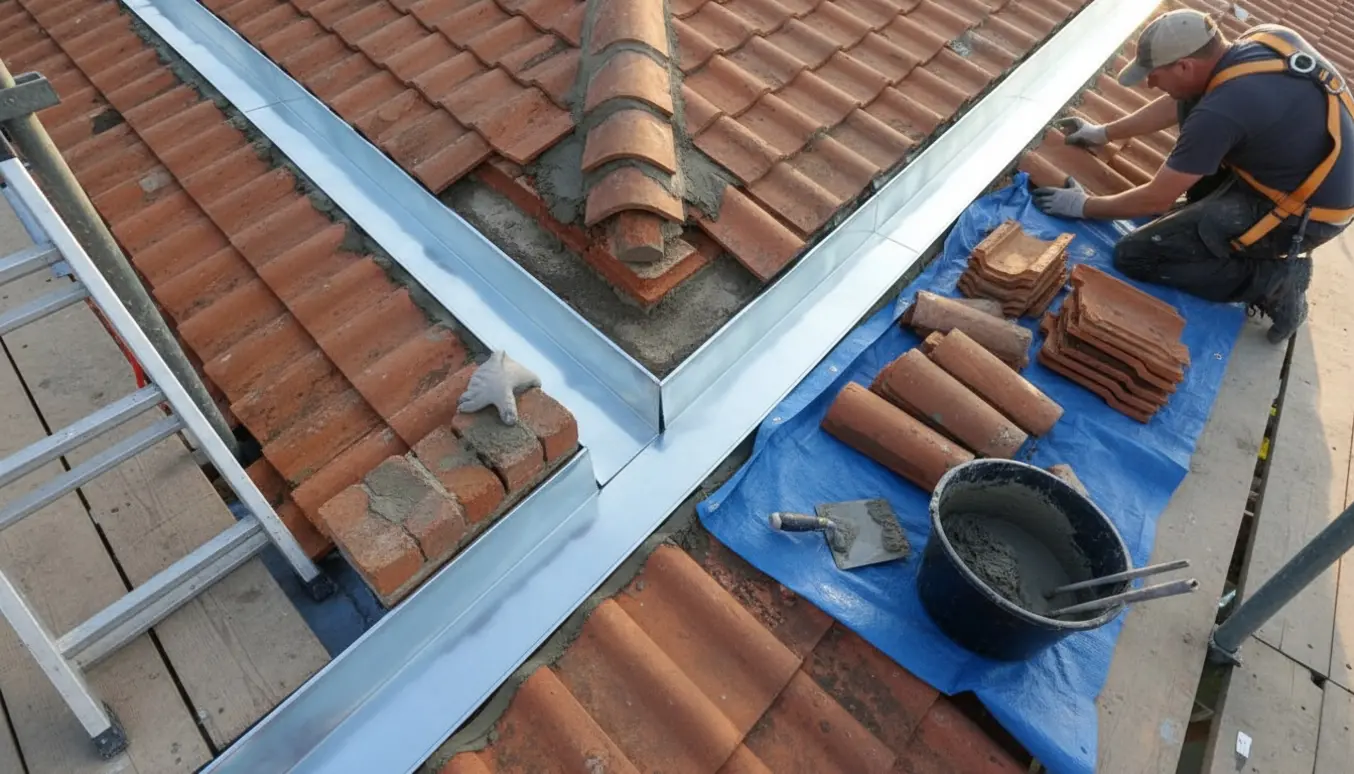 Udskiftning af zink skotrender på tegltag med håndværker, mørtel og murværk.