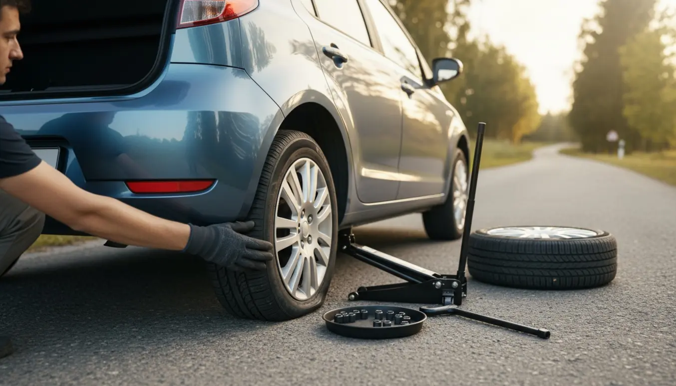 Handskerklædte hænder monterer et nyt dæk på en lille bybil ved vejkanten.