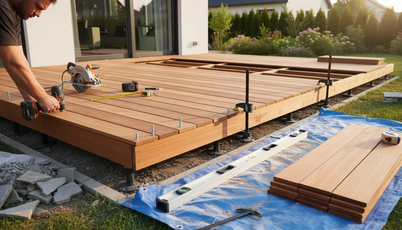 Opbygning af træterrasse foran hus med hænder, værktøj og stakke af nye træbrædder.