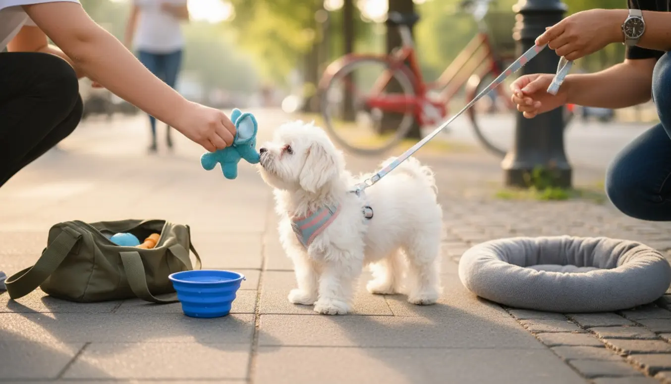 Lille hvid malteser på solrig gåtur med ejer og et barns hænder, med en vandskål og taske ved siden af.