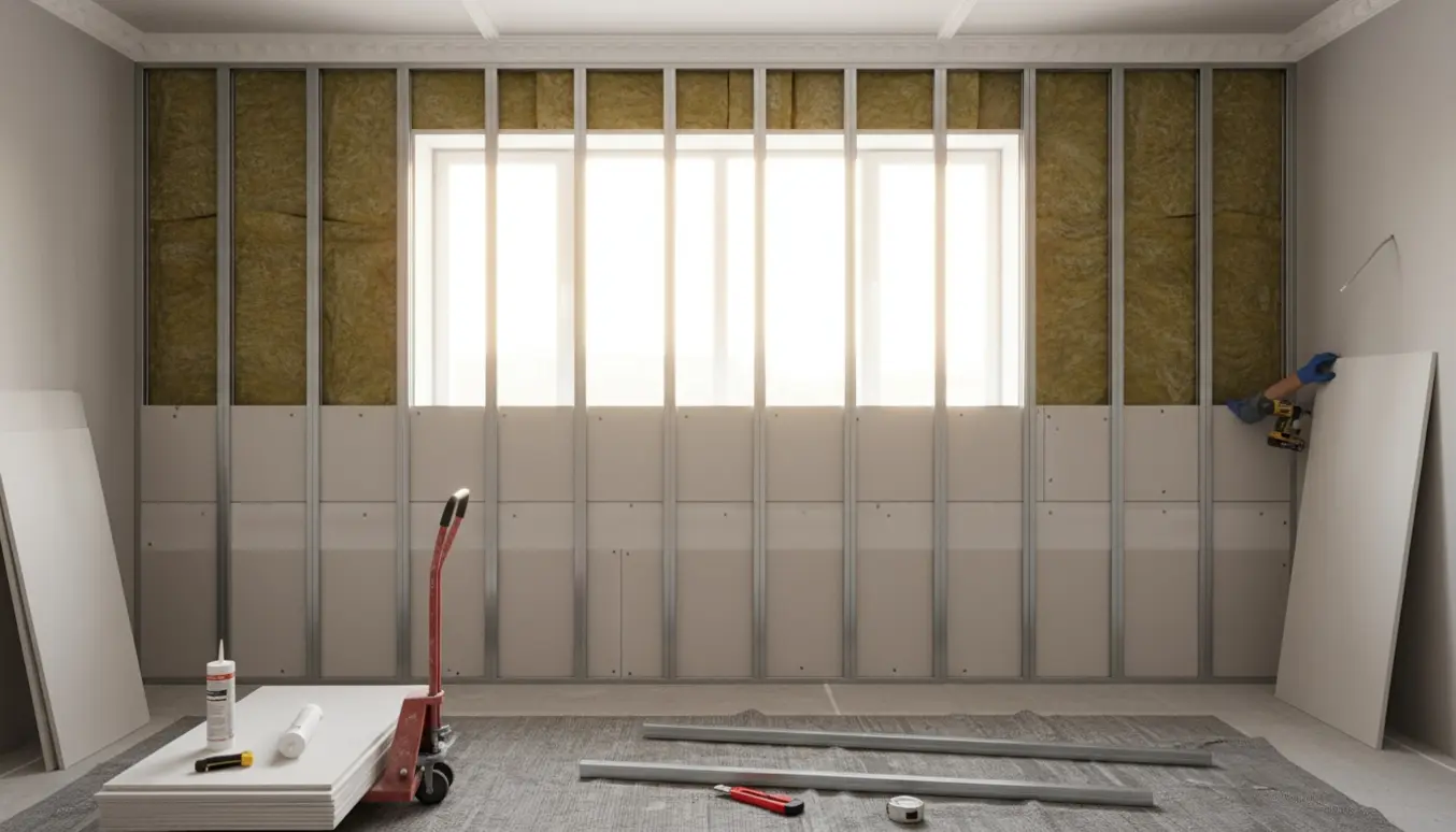 Ufærdig gipsvæg med lydisolering og stor vinduesåbning, værktøj og materialer i et lyst rum.