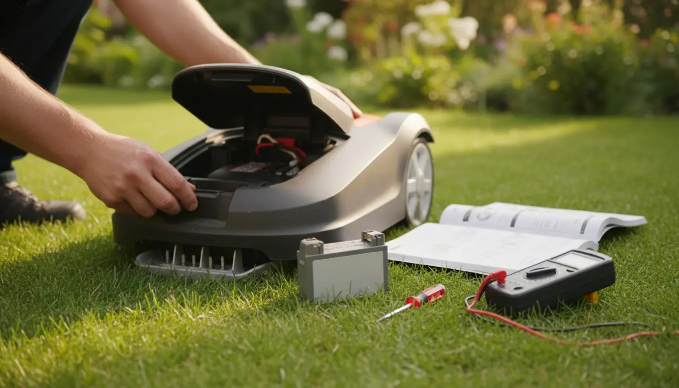 Robotteplæneklipper ved ladestander med åben batterirum, batteri og værktøj lagt klar på græsset.