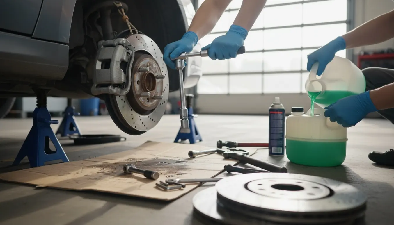 Nærbillede af udskiftning af forreste bremseskiver i et oplyst værksted, med værktøj og en hånd, der påfylder kølervæske.
