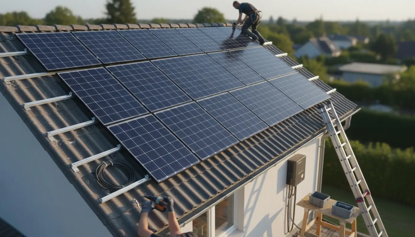 Håndværkere monterer 18 solpaneler i tre rækker på et eternittag med 15 graders hældning, med værktøj og inverter i nærheden.