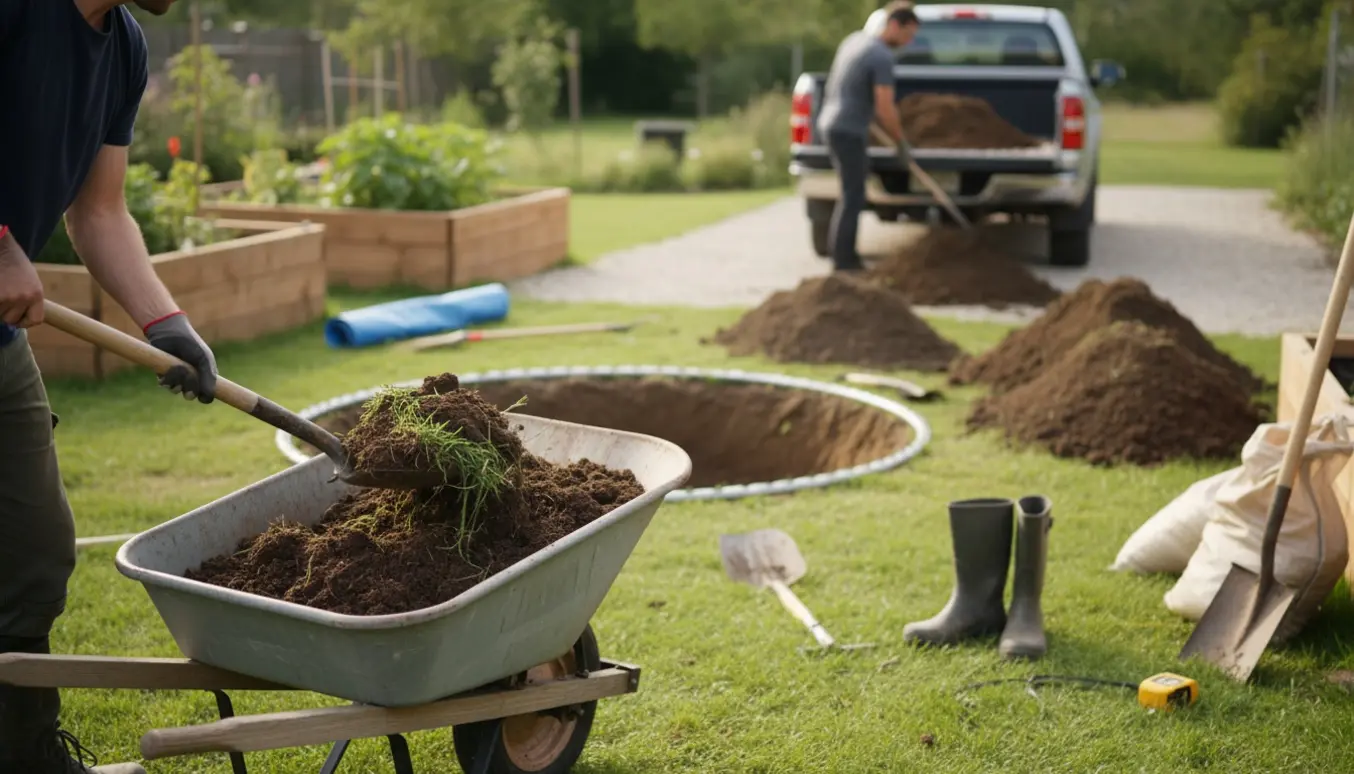 Hænder skovler jord i en trillebør ved et rundt gravet hul til en nedgravet trampolin, klar til afhentning.