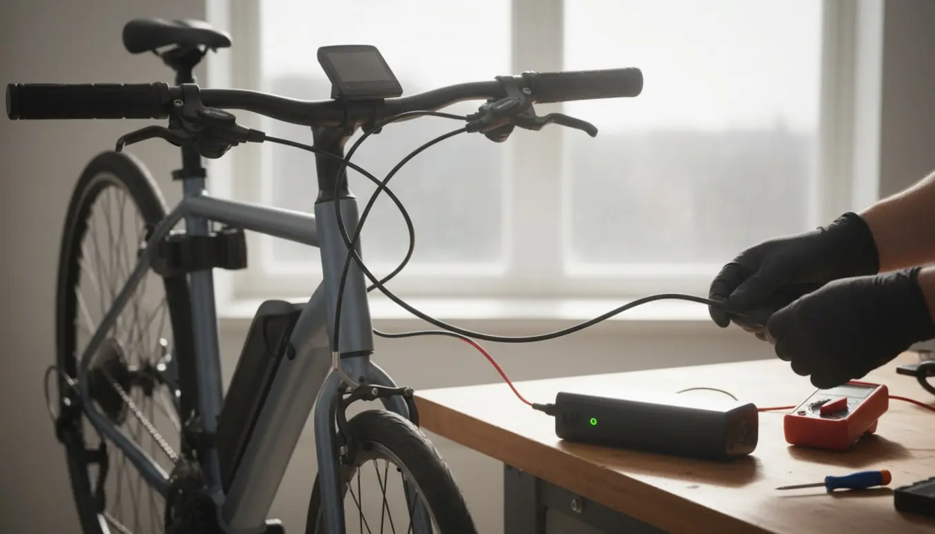 Elcykel på værksted med mørkt display og batteri på bordet, hænder undersøger kabelstik.