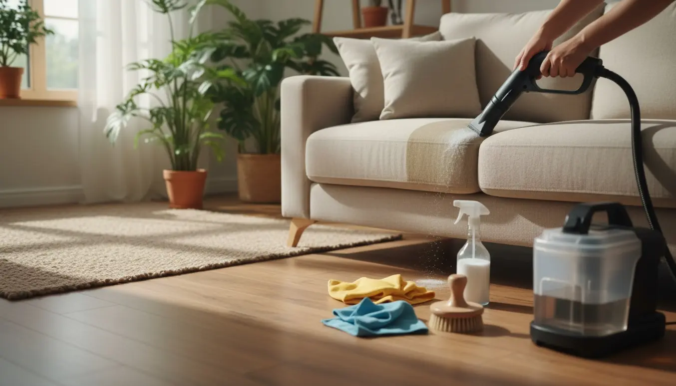 Nærbillede af en stofforsofa, hvor hænder bruger en håndholdt damprenser og microfiber-klude til at rense en plet i et lyst, hjemligt opholdrum.