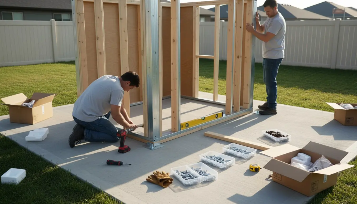 Skur samlesæt monteres i baghaven med træpaneler og værktøj spredt omkring.