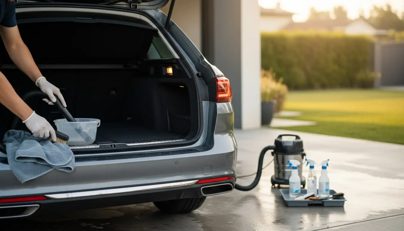 Stationcar med åben bagklap under grundig rengøring, støvsugning og pudsning før salg.
