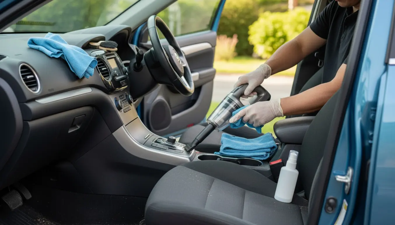Indvendig bilrengøring med handsker, håndstøvsuger og mikrofiberklud i naturligt lys.