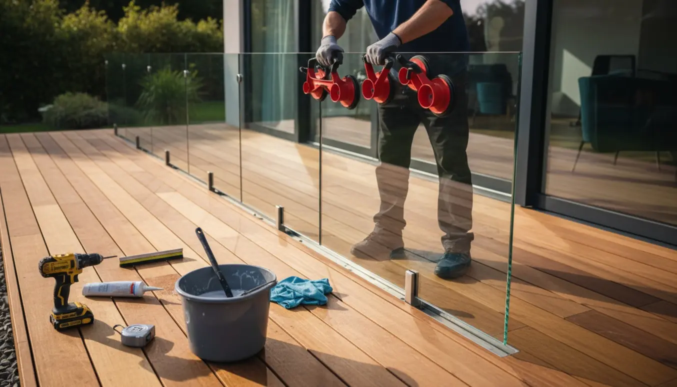 Håndværker monterer et glasmodul i gelænderet på en moderne træterrasse foran store vinduer.