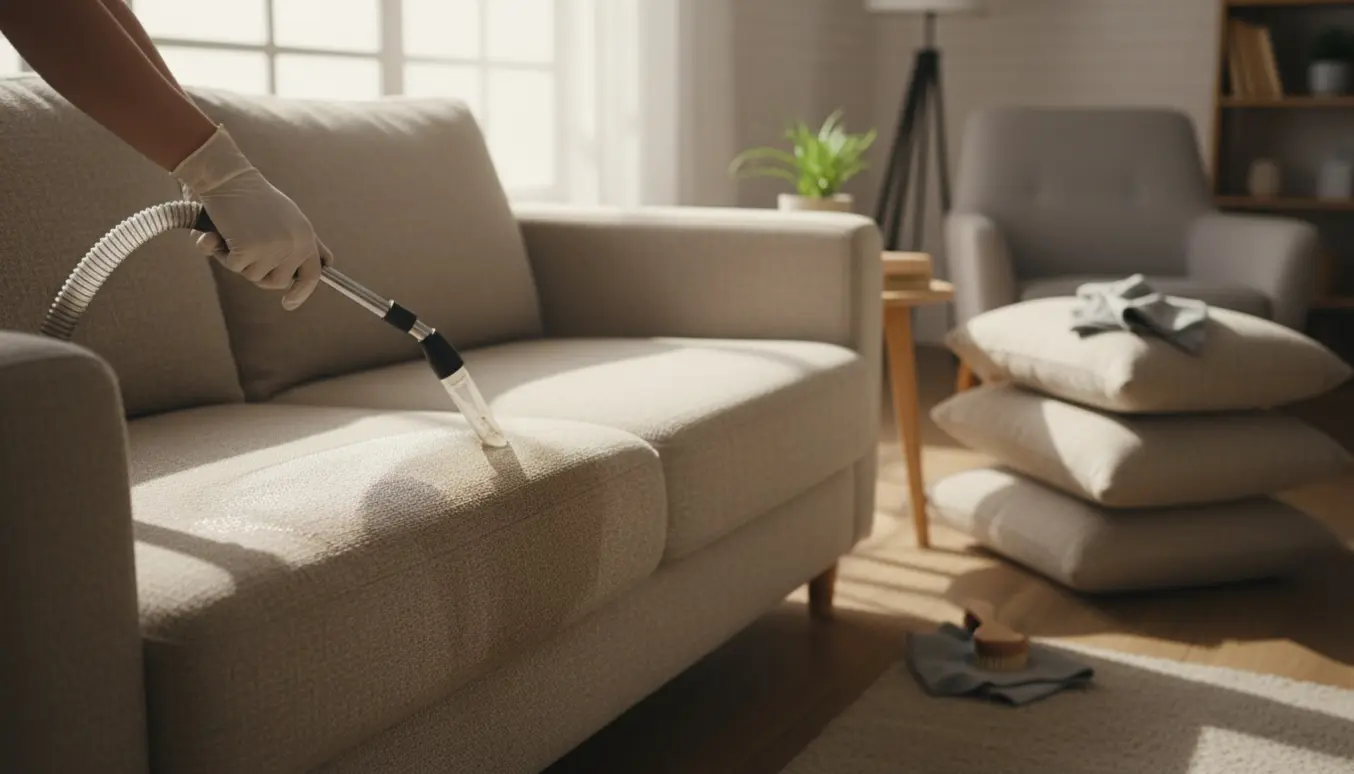 Hænder bruger en møbelrensemaskine til at rense en stofsofa i et lyst opholdsområde.