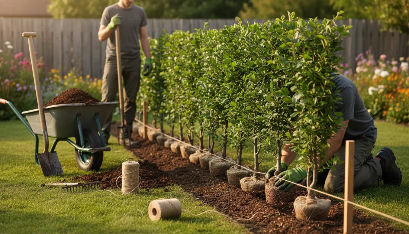 Hænder planter en 150 cm høj bøgehæk langs en havegrænse med spade og trillebør i baggrunden.