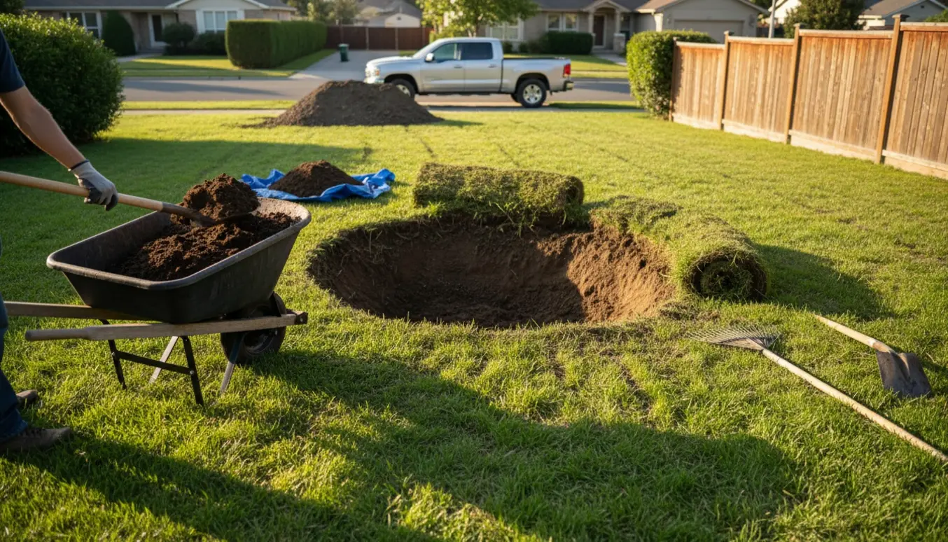 Fyldning af stort rundt jordhul i en baghave med trillebør og skovl, uden synlige ansigter.