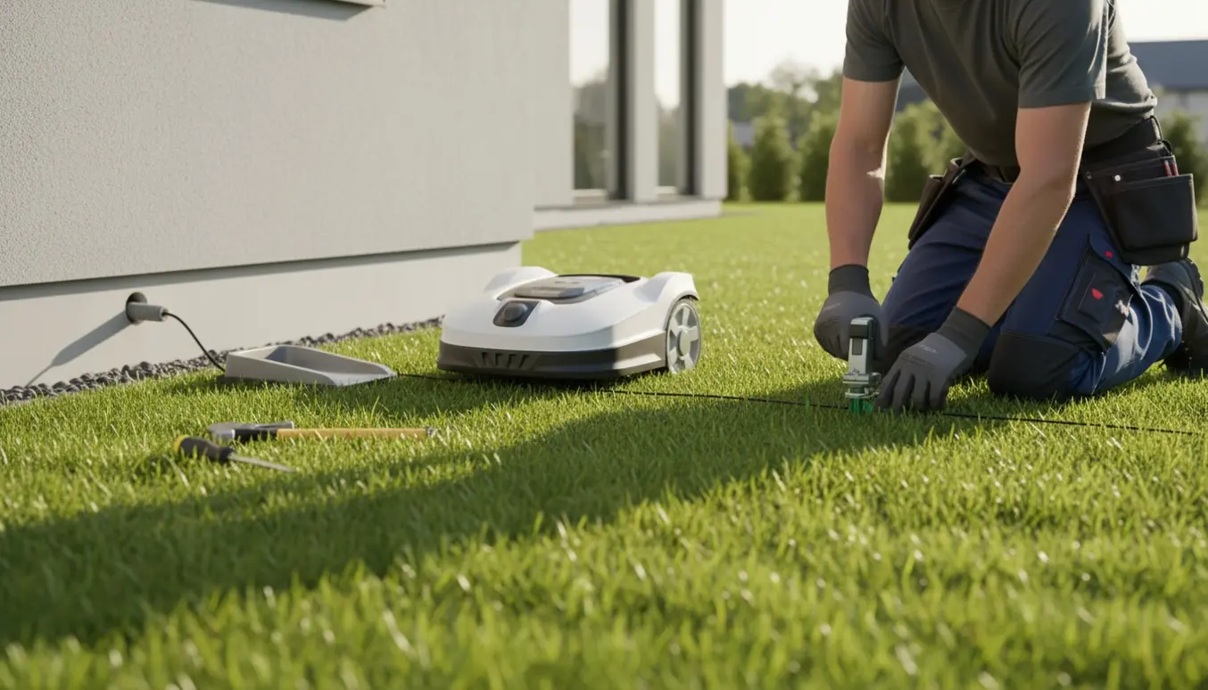 En robotplæneklipper ved ladestation på en lille, jævn græsplæne, mens en tekniker lægger afgrænsningskabel ind mod huset.