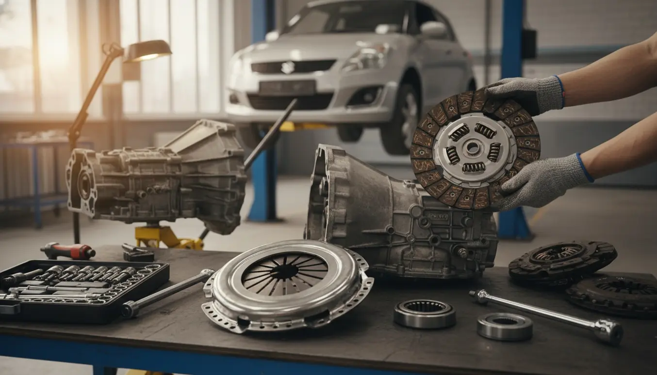 Nærbillede af nyt koblingssæt og en løs gearkasse på et værksted ved en Suzuki Swift, med mekanikerens handsker i baggrunden.