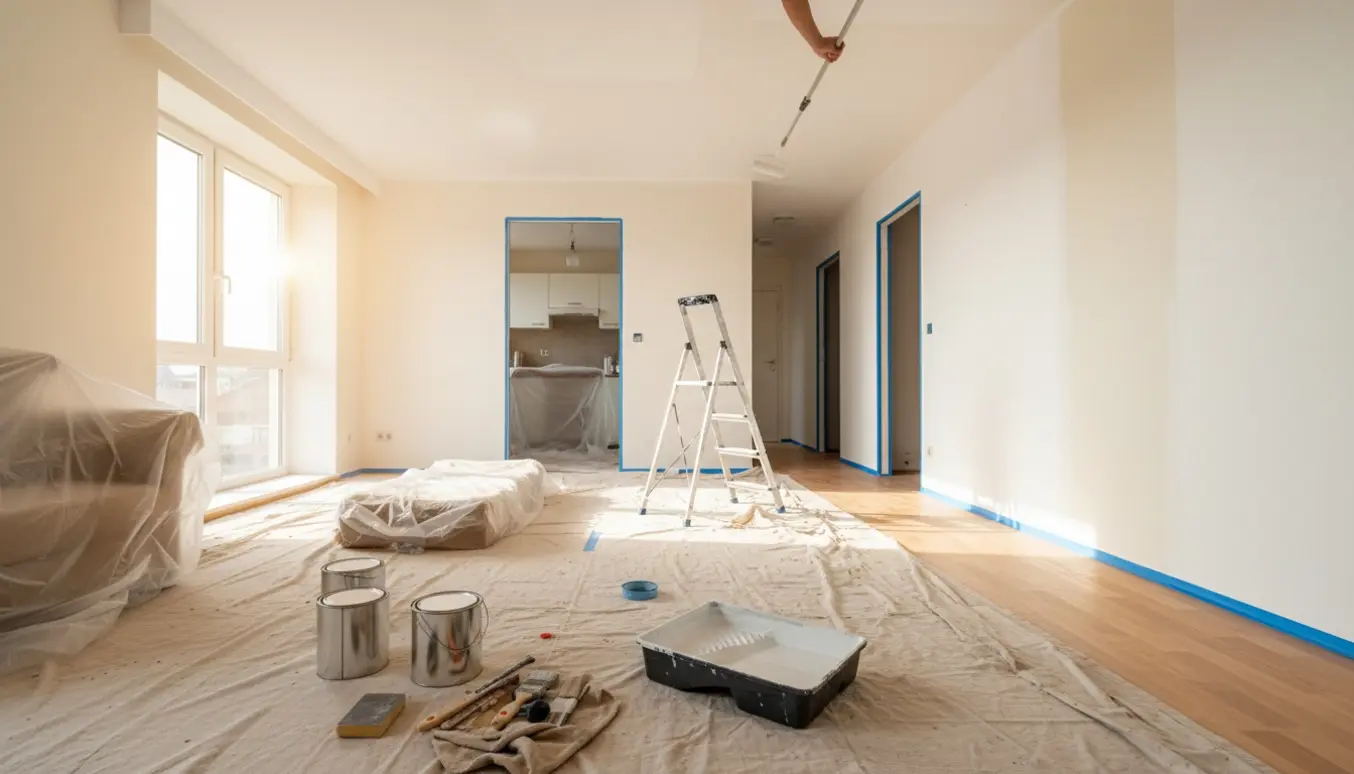 Hænder maler loftet i en solbelyst lejlighed med malerbøtter, afdækningsplast og stige.