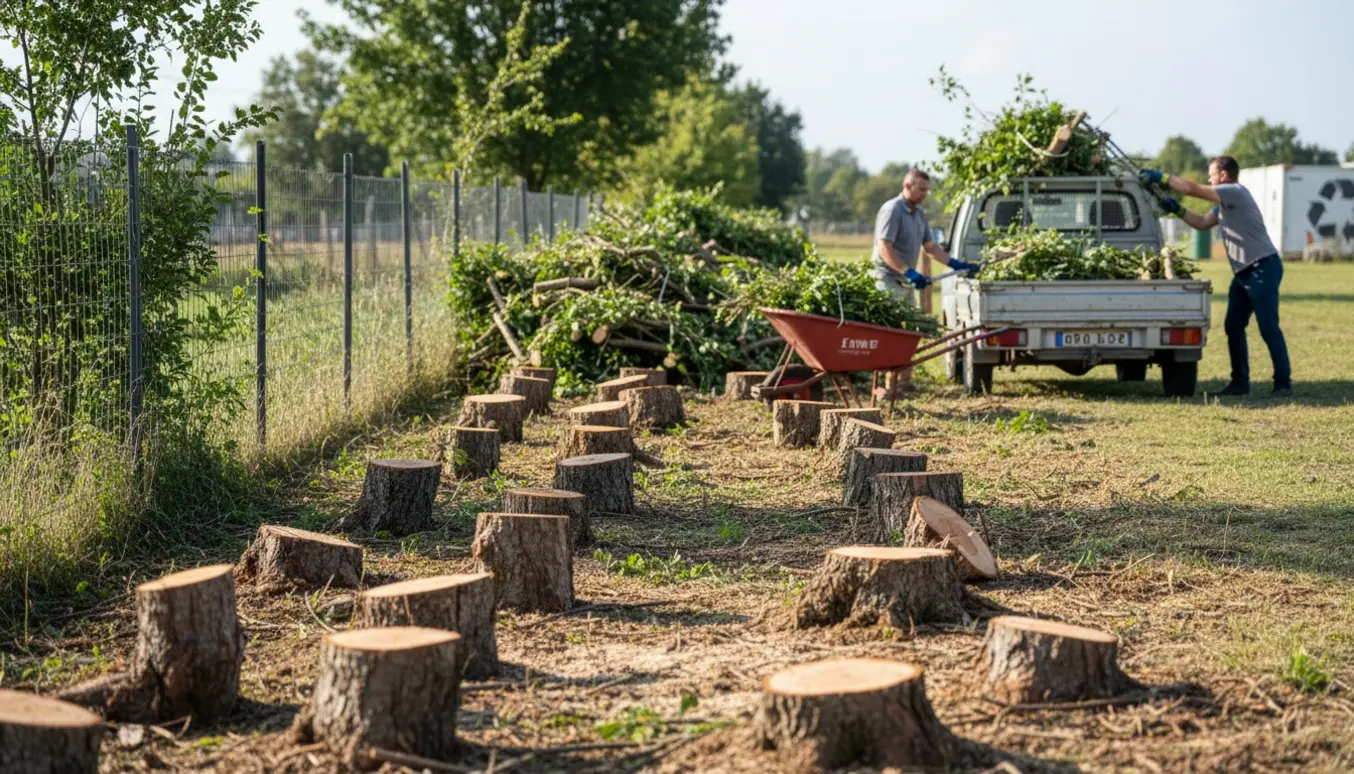Nyklippede stubbe, bunker af afklippede buske og små træer ved et hegn klar til afhentning.