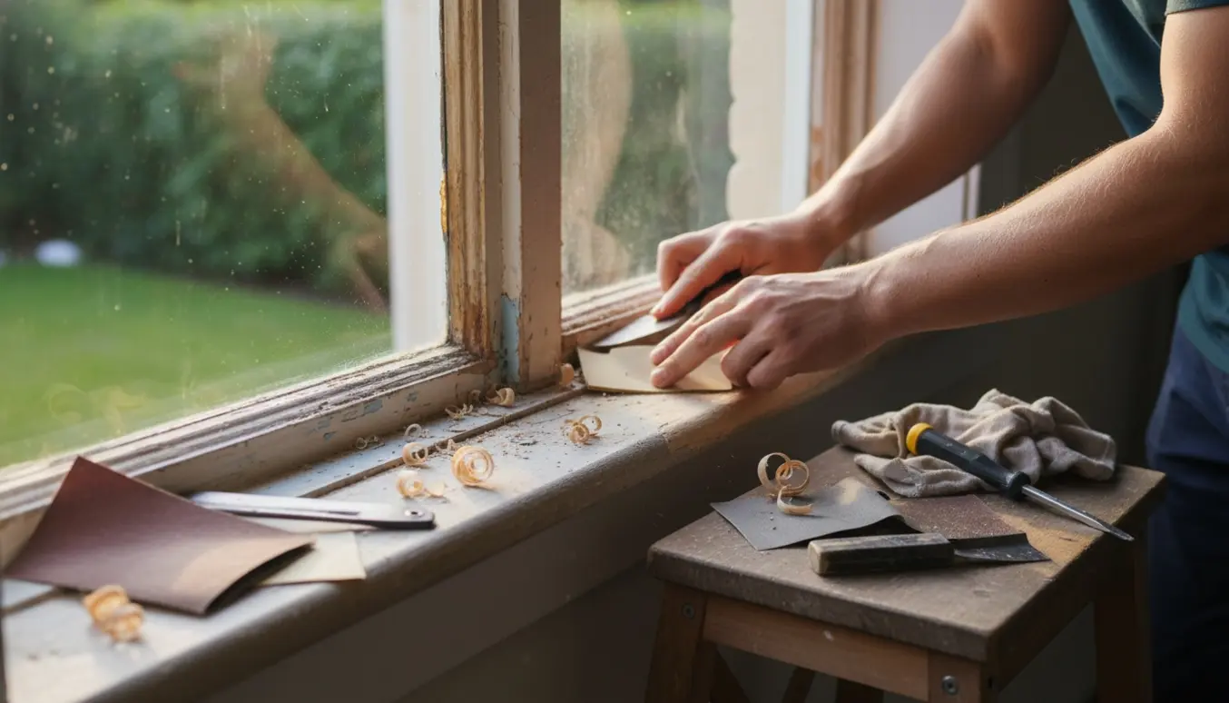 Hænder sliber en gammel trævinduesramme med sandpapir, med en lille skammel og værktøj på vindueskarmen.