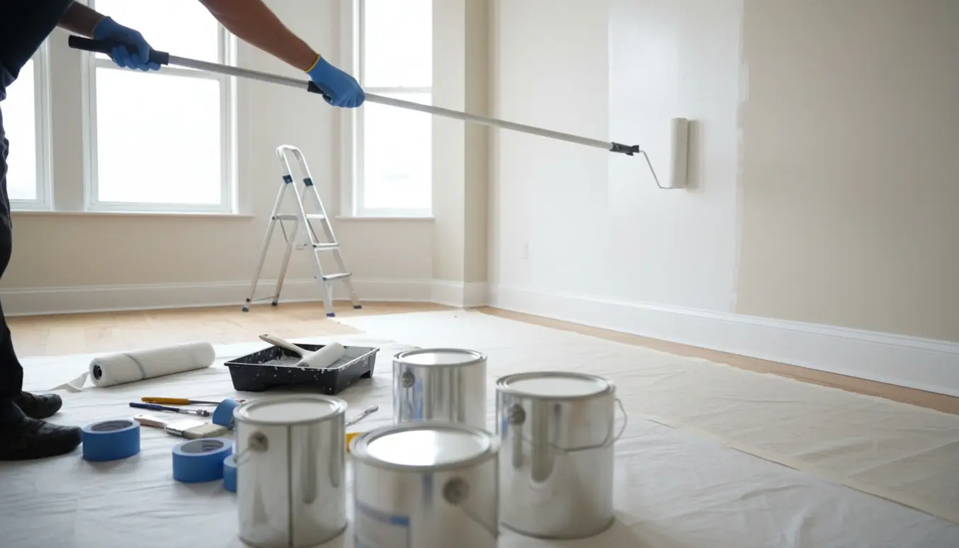 Hænder maler en hvid væg i en lys, tom lejlighed med malerruller, malerbøtter og afdækning klar.
