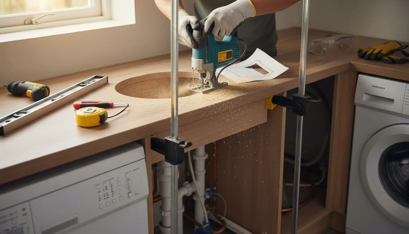 Nyt laminatkøkkenbordplade tilpasses og får udskæring til vask med værktøj på bordet.