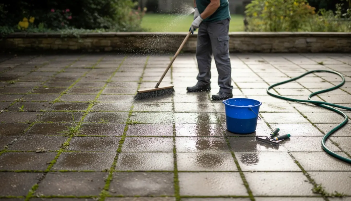 En person fejer alger, mos og ukrudt væk mellem kvadratiske fliser med kost, spand og slange, med tydelig før-og-efter-kontrast.