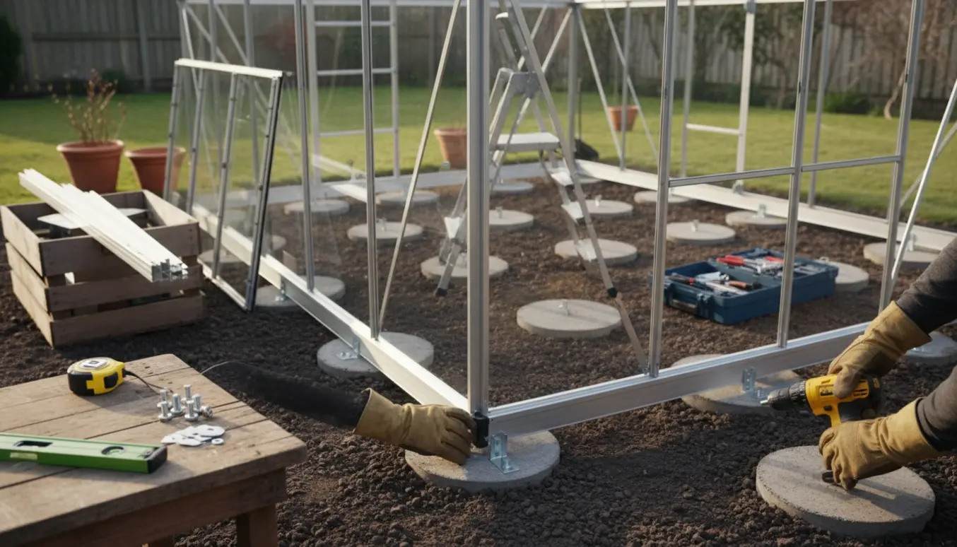 Delvist opbygget Juliana‑drivhus monteres på punktfundament i en ryddet have med værktøj i forgrunden.