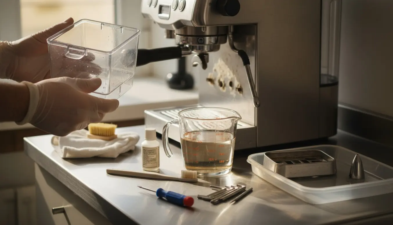 Hænder efterser en espressomaskine med kalkaflejringer og afkalkningsværktøj på et køkkenbord.