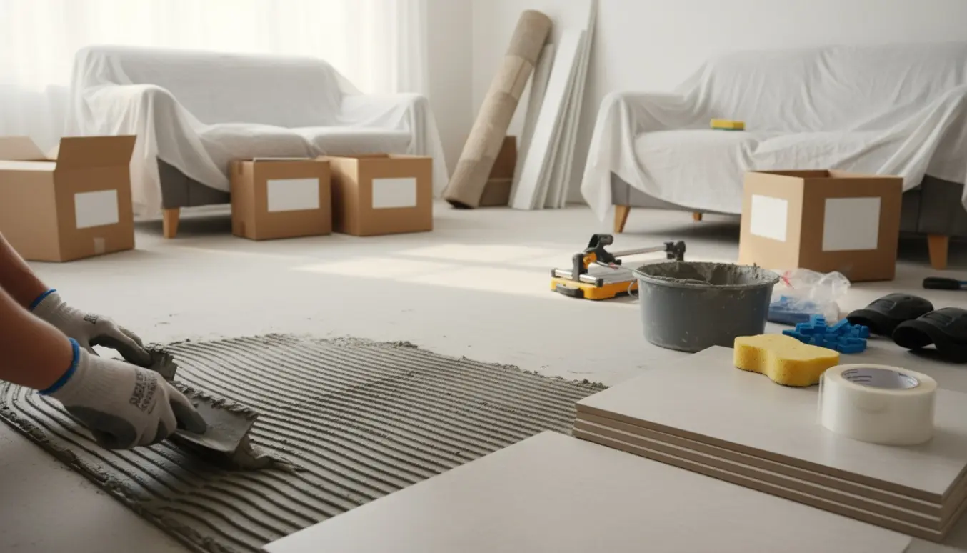 Stue under gulvudskiftning med flyttede møbler, blanke selvklæbende labels og fliser klar til lægning.