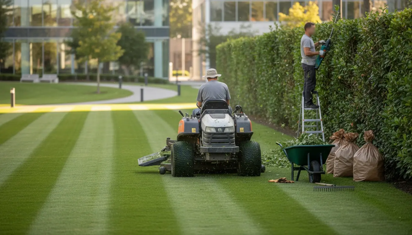 Anlægsgartner klipper en stor firmagræsplæne med ride-on plæneklipper og beskærer hække, værktøj og opsamlede grene ved siden af.