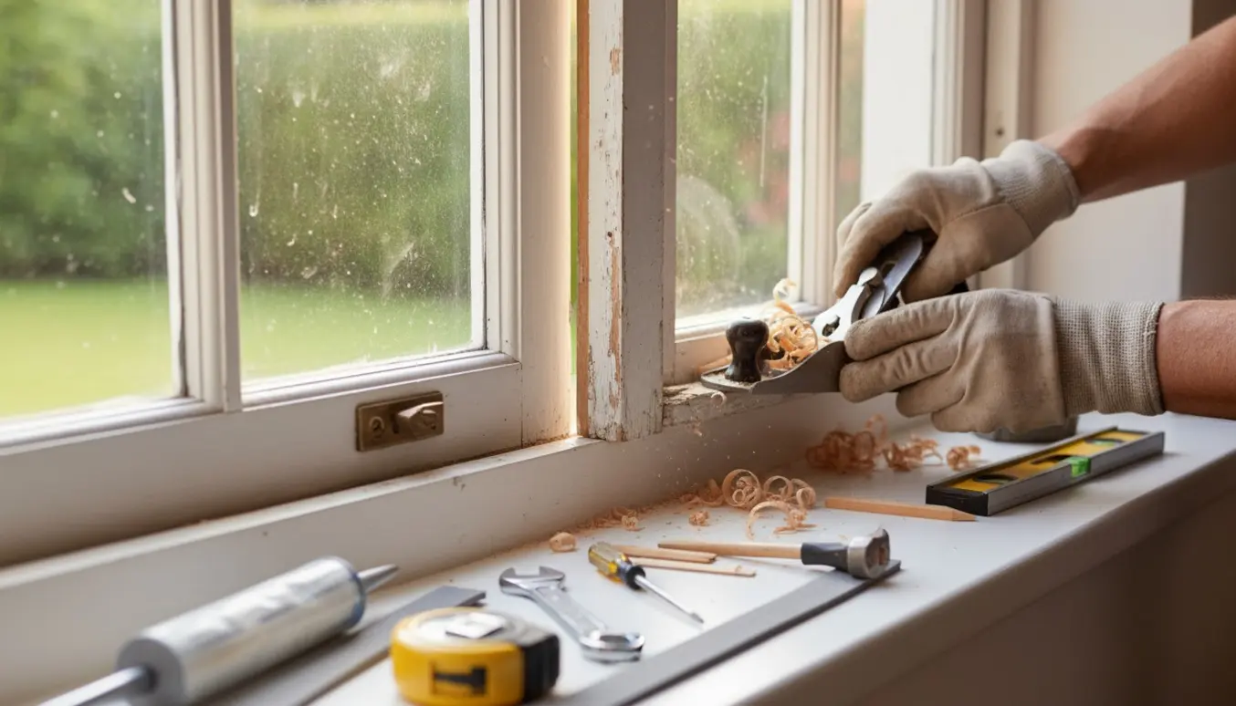 Hænder justerer en misjusteret vinduesramme for at få vinduet til at lukke tæt.