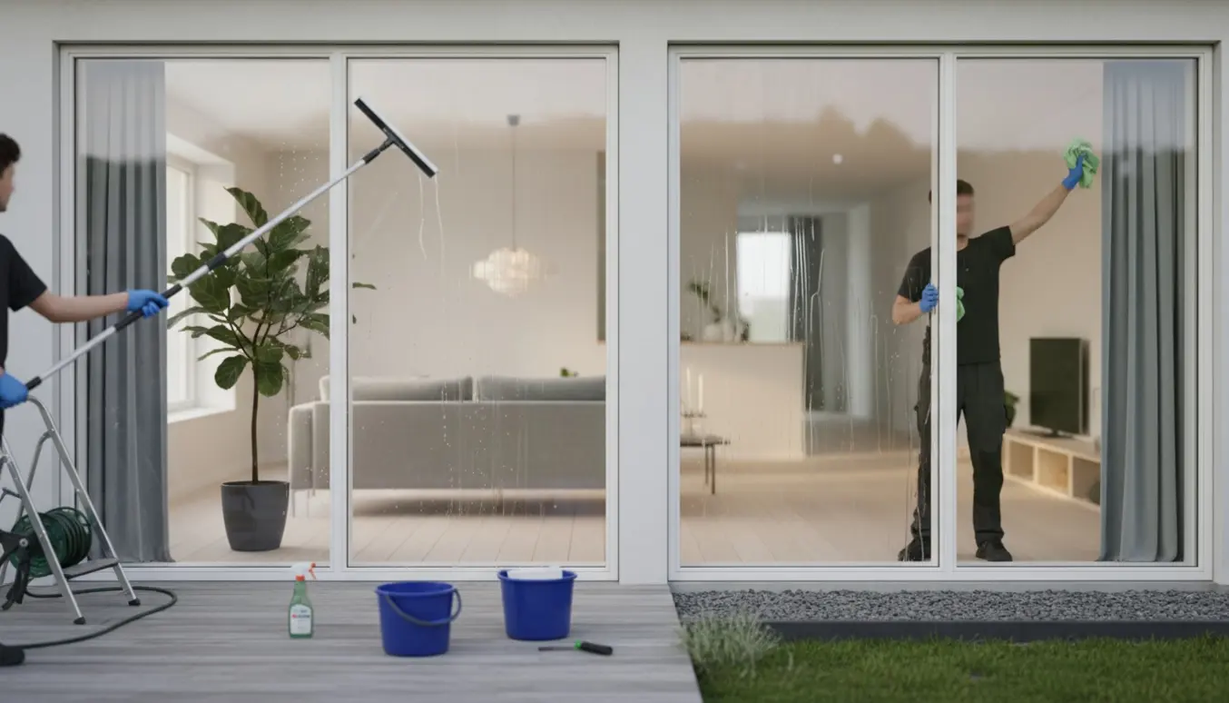 Håndværker vasker gulv-til-loft vinduer på en stueplan i et dansk hjem med rengøringsspand og vinduesskraber synlige.
