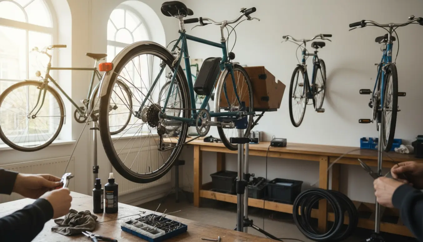 Fire cykler og en elektrisk ladcykel på værksted, hvor hænder justerer gear og skifter kabler og dæk.