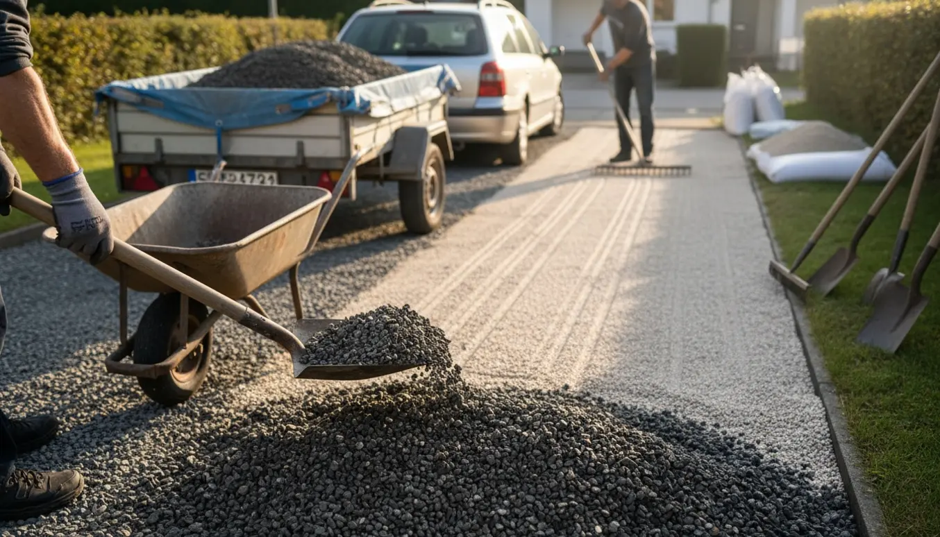 Personer fjerner 5 cm groft grus fra en indkørsel og spreder nyt, fint grus med skovl, trillebør og rive.