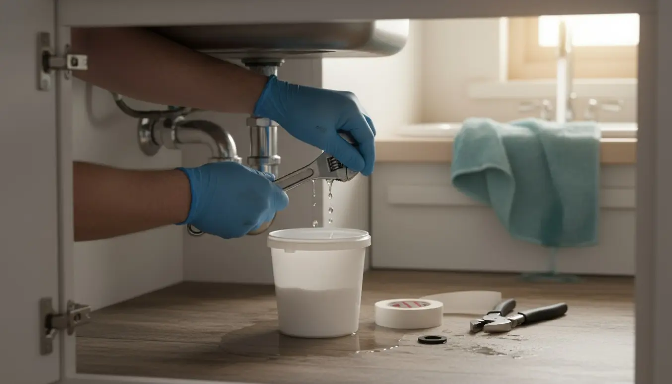 Nærbillede af hænder, der reparerer et utæt afløb under køkkenvask med dryppende S-bøjle og værktøj.