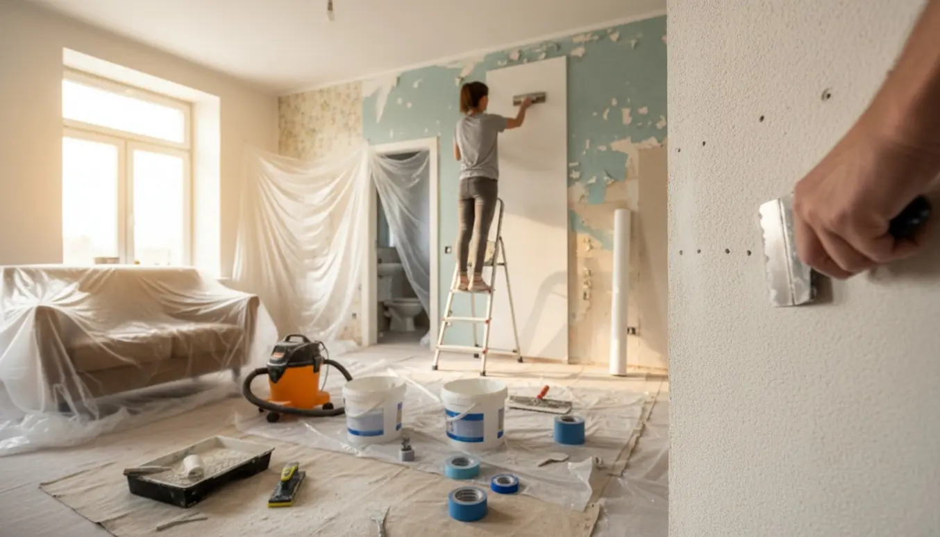 Hænder spartler skruehuller og opsætter glasfilt i et rum under maler- og forarbejde.