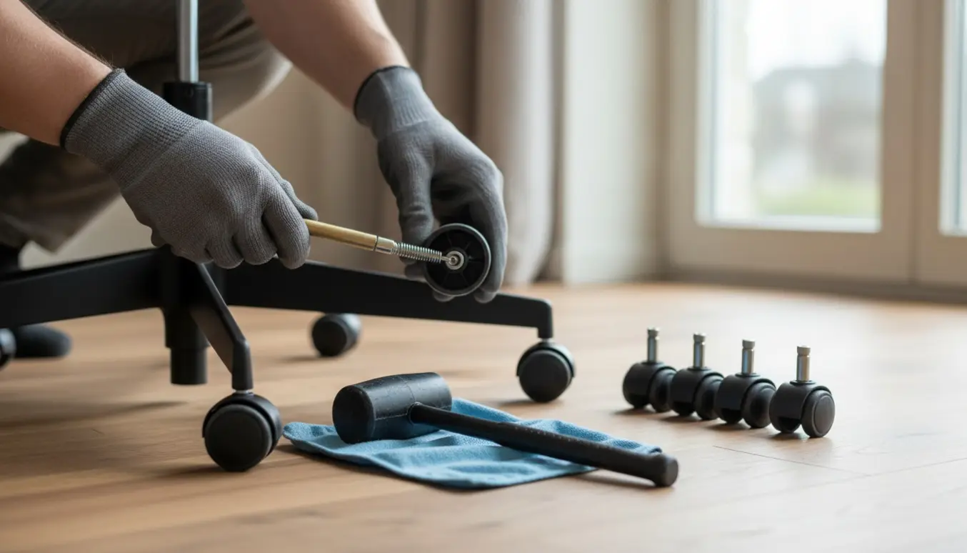 Nærbillede af en Kevi kontorstol vendt på hovedet, hvor hænder med værktøj fjerner en fjeder fra hjulenes skaft.