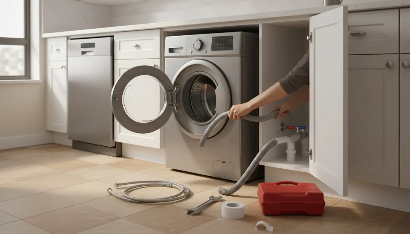 Vaskemaskine ved at blive installeret i køkkenet ved siden af opvaskemaskinen med værktøj på gulvet.