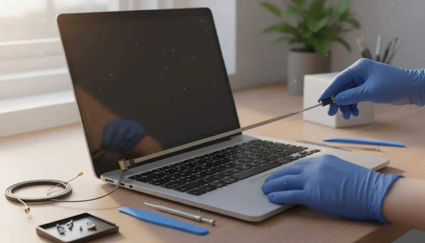 Bærbar med skærmpanel løftet og et løst fladkabel omgivet af præcisionsværktøj.