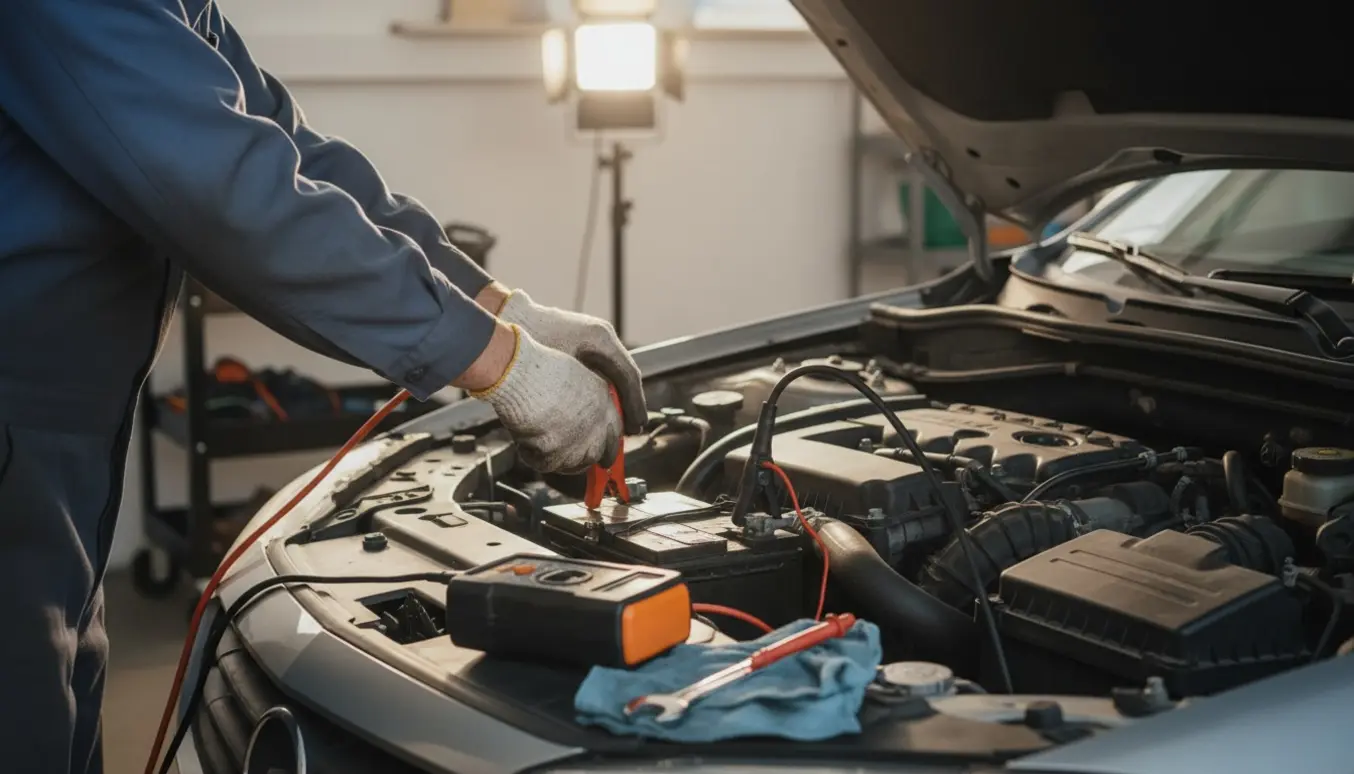 En mekaniker tilslutter startkabler til et bilbatteri under åben motorhjelm.